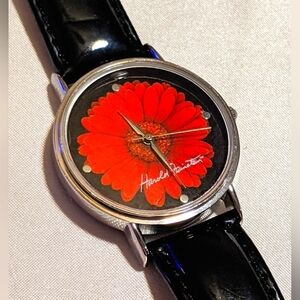 Harold Feinstein Womens Quartz Watch Red Flower Black Patent Leather New Battery